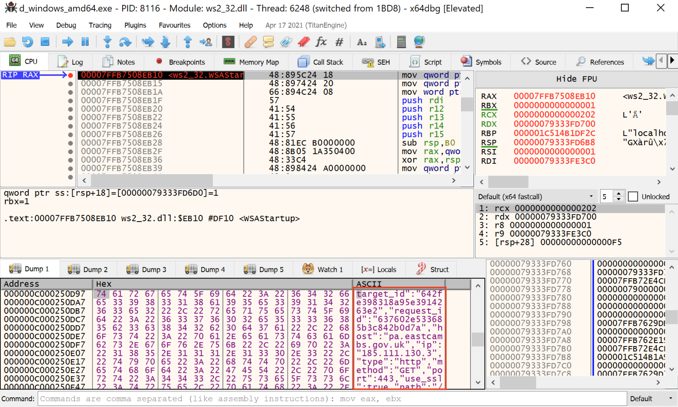 Figure 4 - Target stored in cleartext within process memory